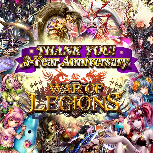 Real-Time Guild Battle RPG War of Legions, Downloaded Over 2 Million Times Worldwide, Celebrates 3 Years of Service with Free Summons, Legend Summon Tickets, and More Campaigns!