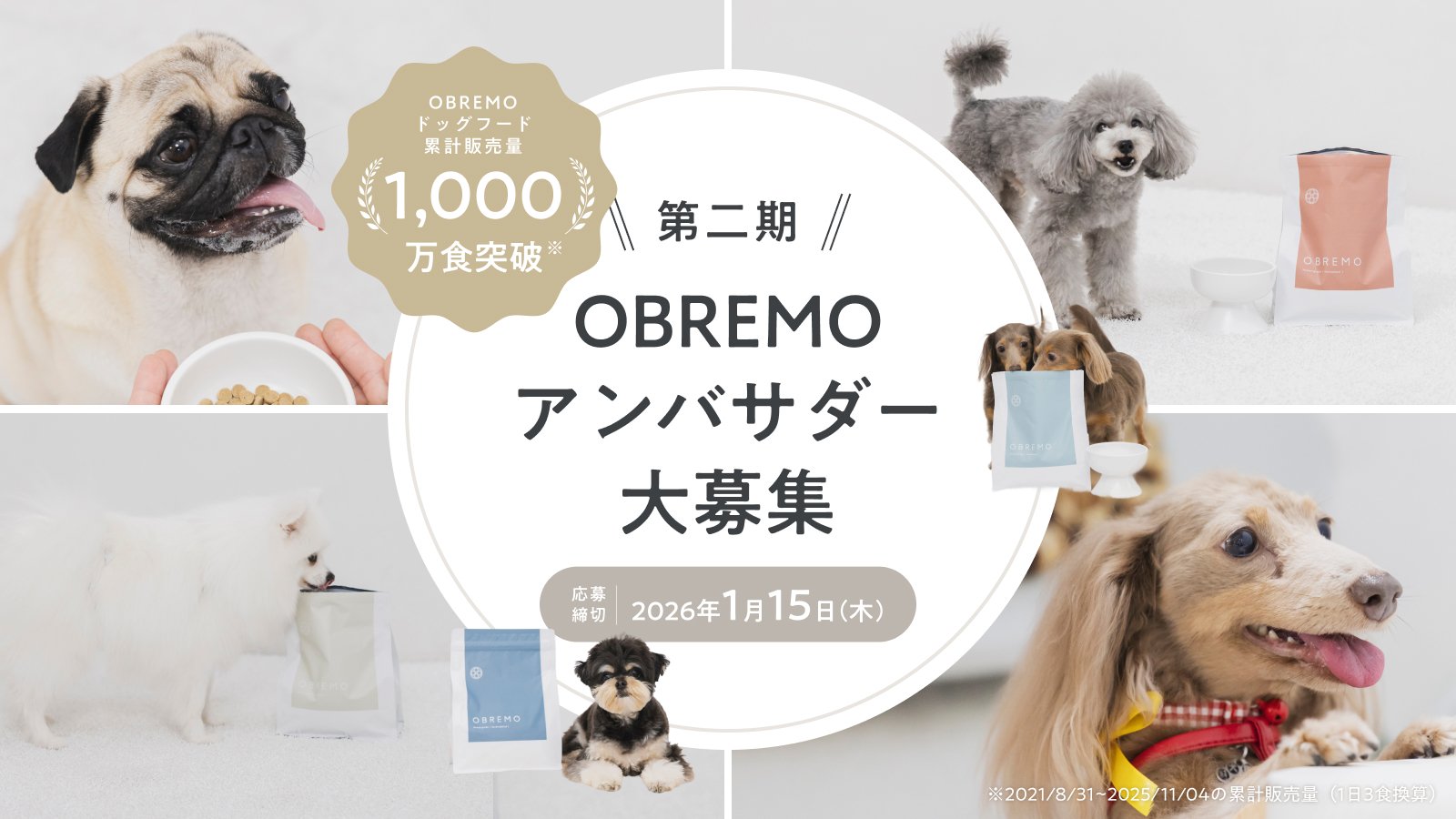 累計1,000万食突破！“人と同じ食卓に並べられる品質”のヒューマングレードドッグフードブランド「OBREMO（オブレモ）」が公式アンバサダー第2期生の募集を開始。